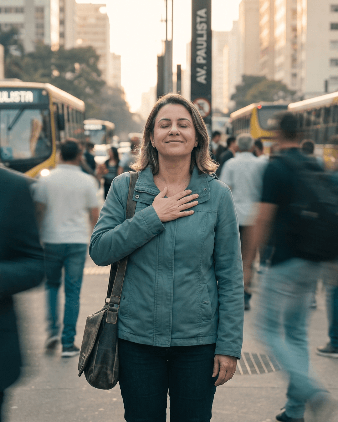 Mulher serena praticando respiração consciente em meio à agitação da cidade